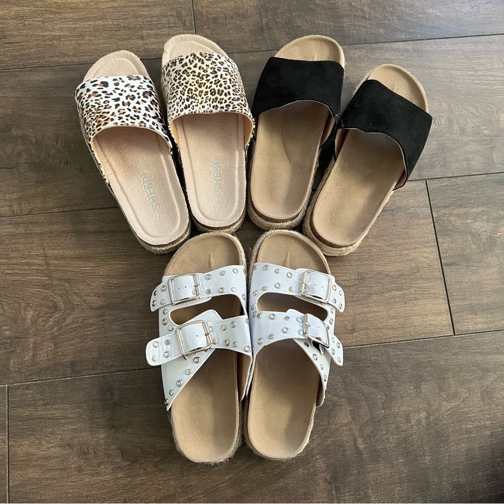 Shein Women's Flatform Sandals 3 Pairs Bundle - Leopard, Black, and White